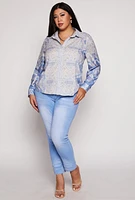 Womens Plus Size Printed Long Sleeve Button Front Shirt, Blue, Size 1X