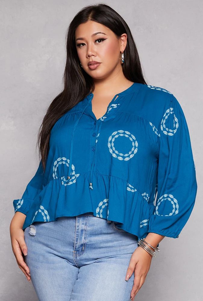 Womens Plus Size Printed Puff Sleeve Button Front Peplum Blouse, Blue, Size 2X
