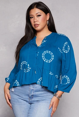 Womens Plus Size Printed Puff Sleeve Button Front Peplum Blouse, Blue, Size 2X
