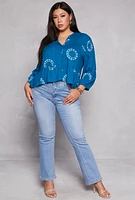 Womens Plus Size Printed Puff Sleeve Button Front Peplum Blouse, Blue, Size 2X