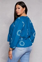 Womens Plus Size Printed Puff Sleeve Button Front Peplum Blouse, Blue, Size 2X