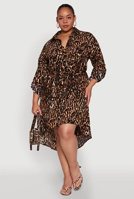 Womens Plus Size Leopard Print Tie Waist High Low Shirt Dress, Brown, Size 2X