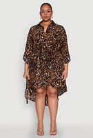 Womens Plus Size Leopard Print Tie Waist High Low Shirt Dress, Brown, Size 3X