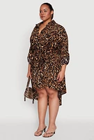 Womens Plus Size Leopard Print Tie Waist High Low Shirt Dress, Brown, Size 2X