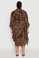 Womens Plus Size Leopard Print Tie Waist High Low Shirt Dress, Brown, Size 2X