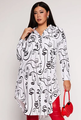 Womens Plus Size Face Print Button Front Tunic Shirt, White, Size 1X