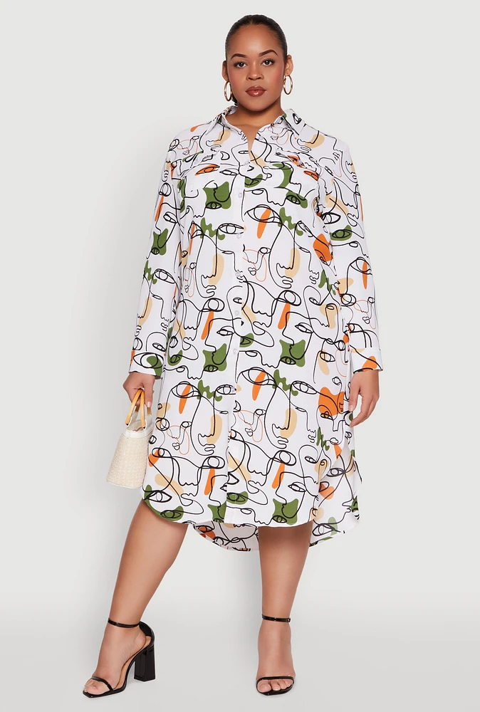 Womens Plus Size Abstract Face Print Shirt Dress, Multi, Size 1X