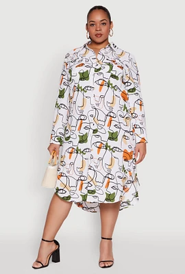 Womens Plus Size Abstract Face Print Shirt Dress, Multi, Size 1X