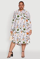 Womens Plus Size Abstract Face Print Shirt Dress, Multi, Size 1X