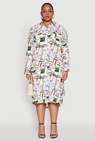 Womens Plus Size Abstract Face Print Shirt Dress, Multi, Size 1X