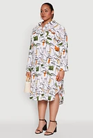 Womens Plus Size Abstract Face Print Shirt Dress, Multi, Size 1X