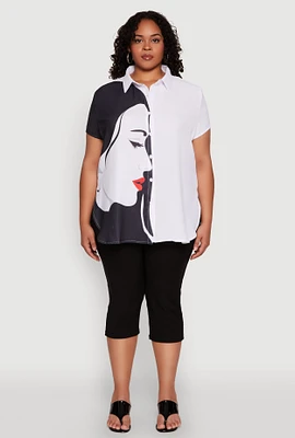 Womens Plus Size Two Tone Face Print Shirt, Multi, Size 2X