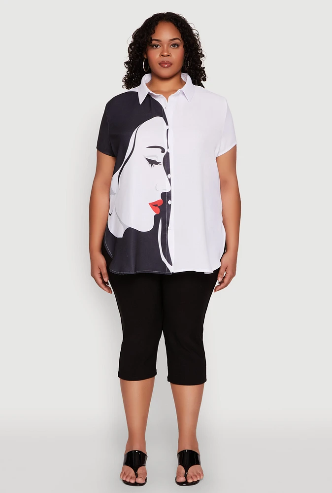 Womens Plus Size Two Tone Face Print Shirt, Multi, Size 3X