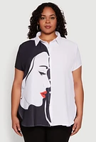 Womens Plus Size Two Tone Face Print Shirt, Multi, Size 3X