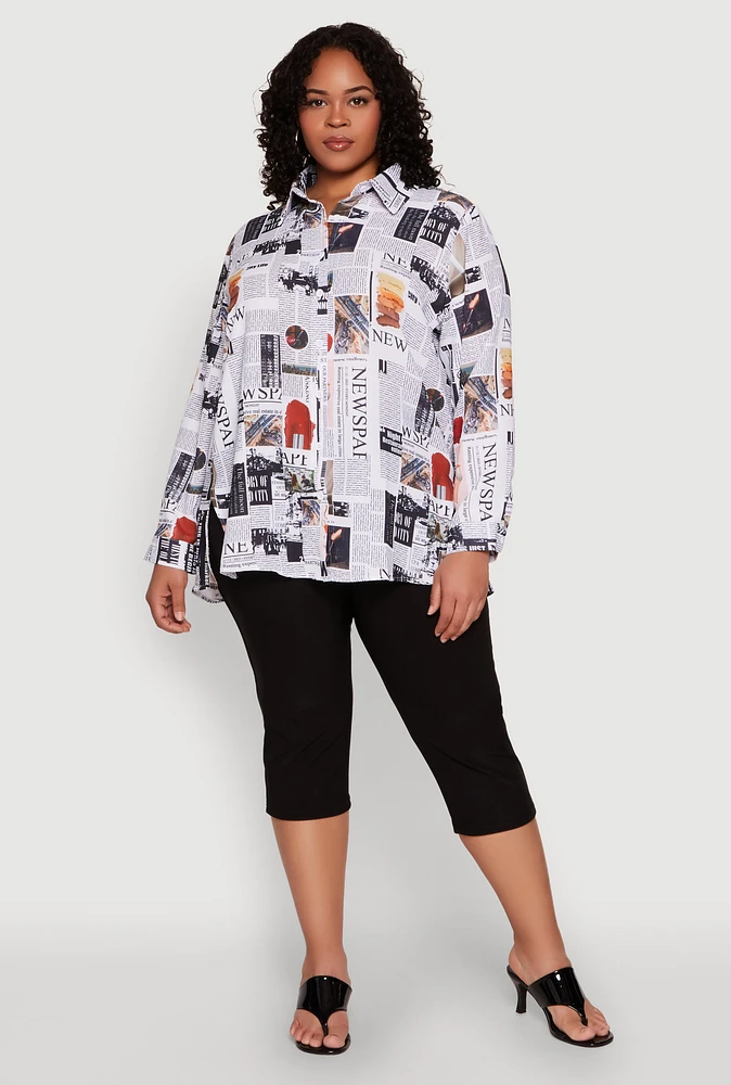Womens Plus Size Newspaper Print Button Front Shirt, Multi, Size 1X