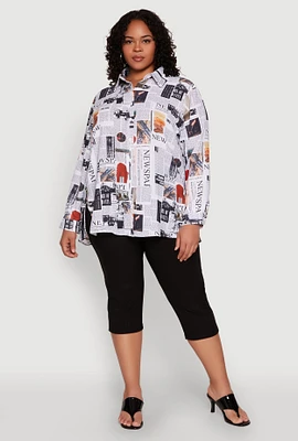 Womens Plus Size Newspaper Print Button Front Shirt, Multi, Size 1X