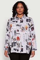 Womens Plus Size Newspaper Print Button Front Shirt, Multi, Size 1X