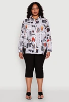 Womens Plus Size Newspaper Print Button Front Shirt, Multi, Size 1X