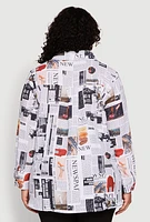 Womens Plus Size Newspaper Print Button Front Shirt, Multi, Size 1X