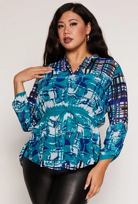 Womens Plus Size Plaid Printed Tie Waist Top, Blue, Size 1X