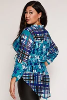 Womens Plus Size Plaid Printed Tie Waist Top, Blue, Size 1X
