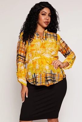 Womens Plus Size Plaid Printed Tie Waist Top, Yellow, Size 1X