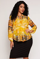 Womens Plus Size Plaid Printed Tie Waist Top, Yellow, Size 1X