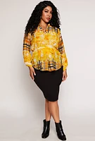 Womens Plus Size Plaid Printed Tie Waist Top, Yellow, Size 1X