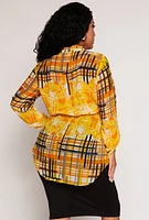 Womens Plus Size Plaid Printed Tie Waist Top, Yellow, Size 1X