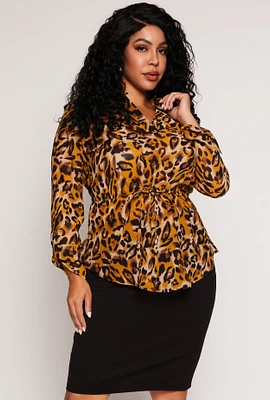 Womens Plus Size Animal Print Tie Waist Top, Brown, Size 3X