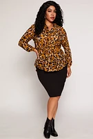 Womens Plus Size Animal Print Tie Waist Top, Brown, Size 2X