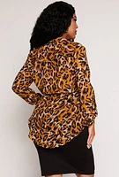 Womens Plus Size Animal Print Tie Waist Top, Brown, Size 2X