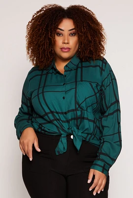 Womens Plus Plaid Tabbed Sleeve Shirt, Green,