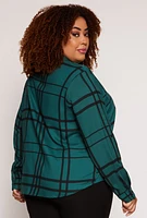 Womens Plus Size Plaid Tabbed Sleeve Shirt, Green, Size 1X