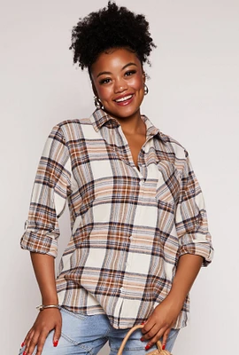 Womens Plus Lurex Plaid Tabbed Sleeve Shirt,