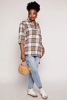 Womens Plus Lurex Plaid Tabbed Sleeve Shirt,