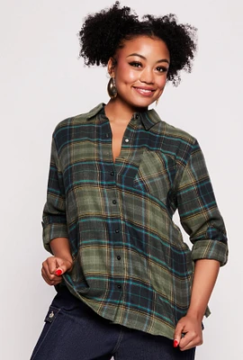 Womens Plus Lurex Plaid Tabbed Sleeve Shirt,