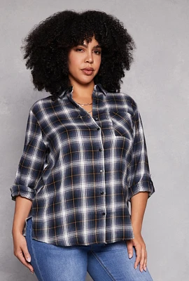 Womens Plus Lurex Plaid Tabbed Sleeve Shirt,