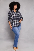 Womens Plus Size Lurex Plaid Tabbed Sleeve Shirt, Blue, Size 1X