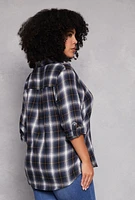 Womens Plus Size Lurex Plaid Tabbed Sleeve Shirt, Blue, Size 1X