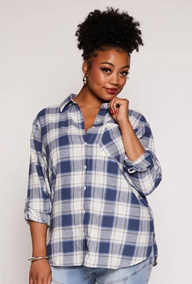 Womens Plus Size Lurex Plaid Tabbed Sleeve Shirt, Blue, Size 3X