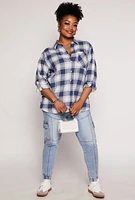 Womens Plus Size Lurex Plaid Tabbed Sleeve Shirt, Blue, Size 3X