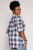 Womens Plus Size Lurex Plaid Tabbed Sleeve Shirt, Blue, Size 3X