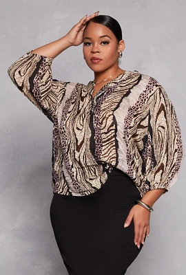 Womens Plus Size Animal Print Long Sleeve Blouse, Brown, Size 3X