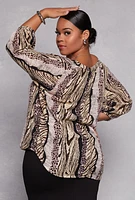 Womens Plus Size Animal Print Long Sleeve Blouse, Brown, Size 3X