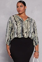 Womens Plus Size Animal Print Long Sleeve Blouse, Green, Size 1X