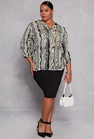 Womens Plus Size Animal Print Long Sleeve Blouse, Green, Size 1X