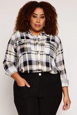 Womens Plus Plaid Button Front Blouse, Multi,