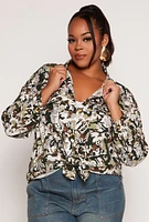 Womens Plus Size Camo Print Button Front Blouse, Multi, Size 2X