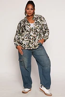 Womens Plus Size Camo Print Button Front Blouse, Multi, Size 2X